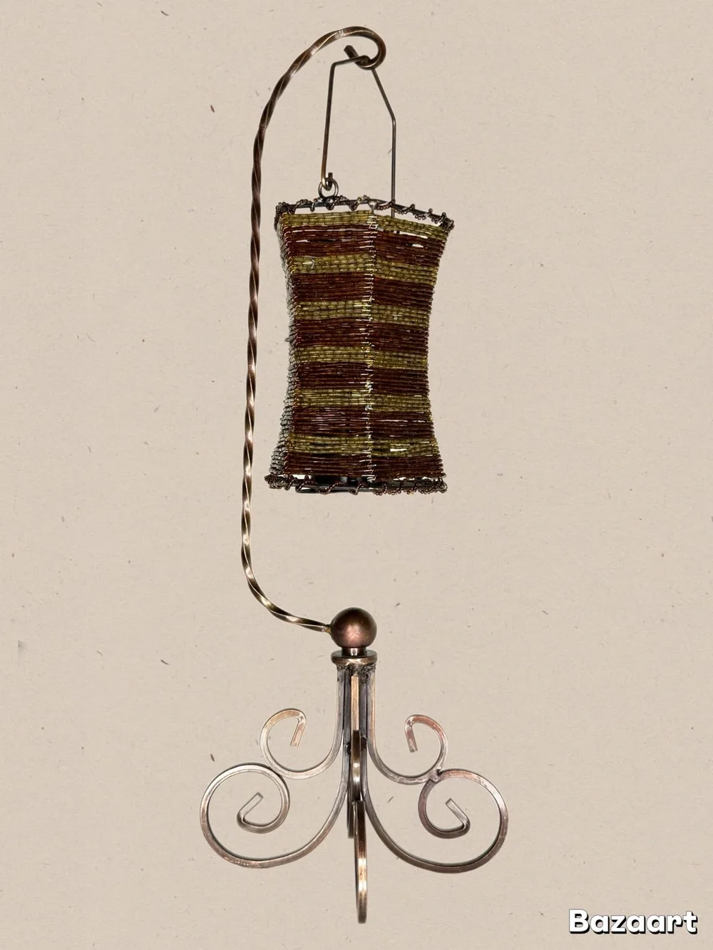 Mystical Beaded hanging tea light with Metal stand - Brown & gold 17” tall
